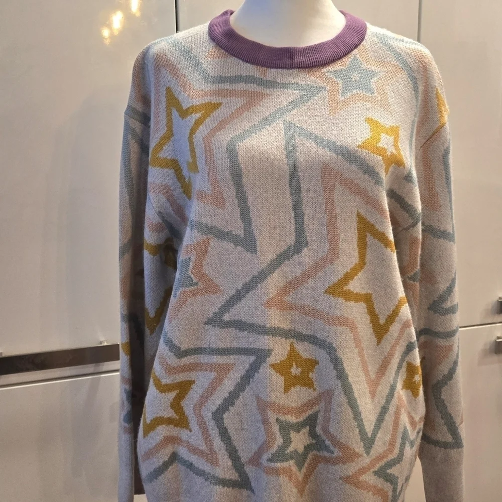NWT Splendid Ziggy Star Oversized Crewneck Sweater White Blue Yellow Size Small